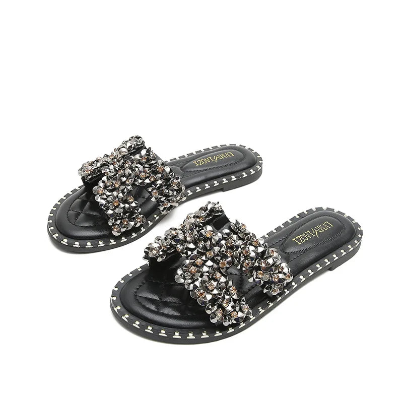 Product Image for WW | Klassische Luxus Strass Slipper für Frauen Tragende Mode Sommer Designer Sandalen, schwarz / 34
