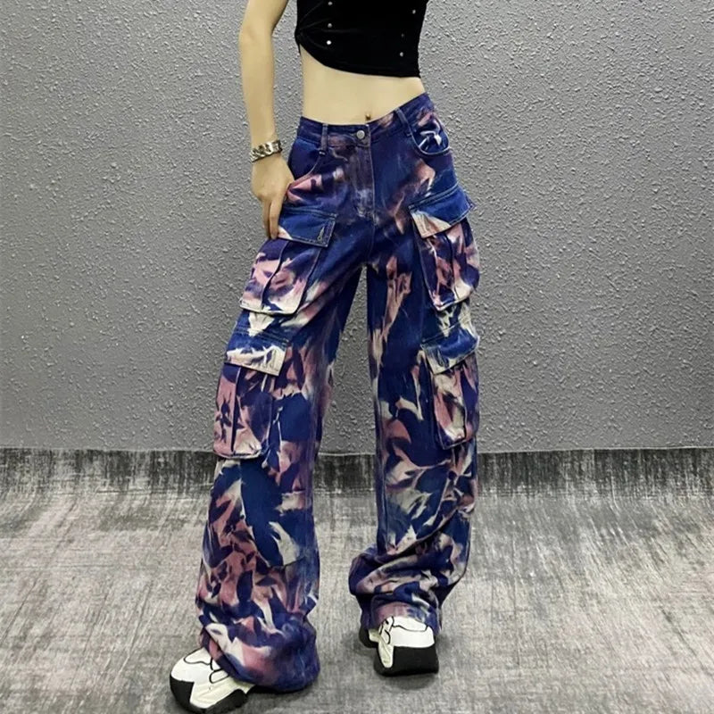 Product Image for WW | Y2K Streetwear Tie Dye Multi-Taschen Baggy Jeans Cargo-Hosen für Frauen Kleidung Neu Rockweite Hüfthose Damen Hosen, Blau Pink / XL / KINA
