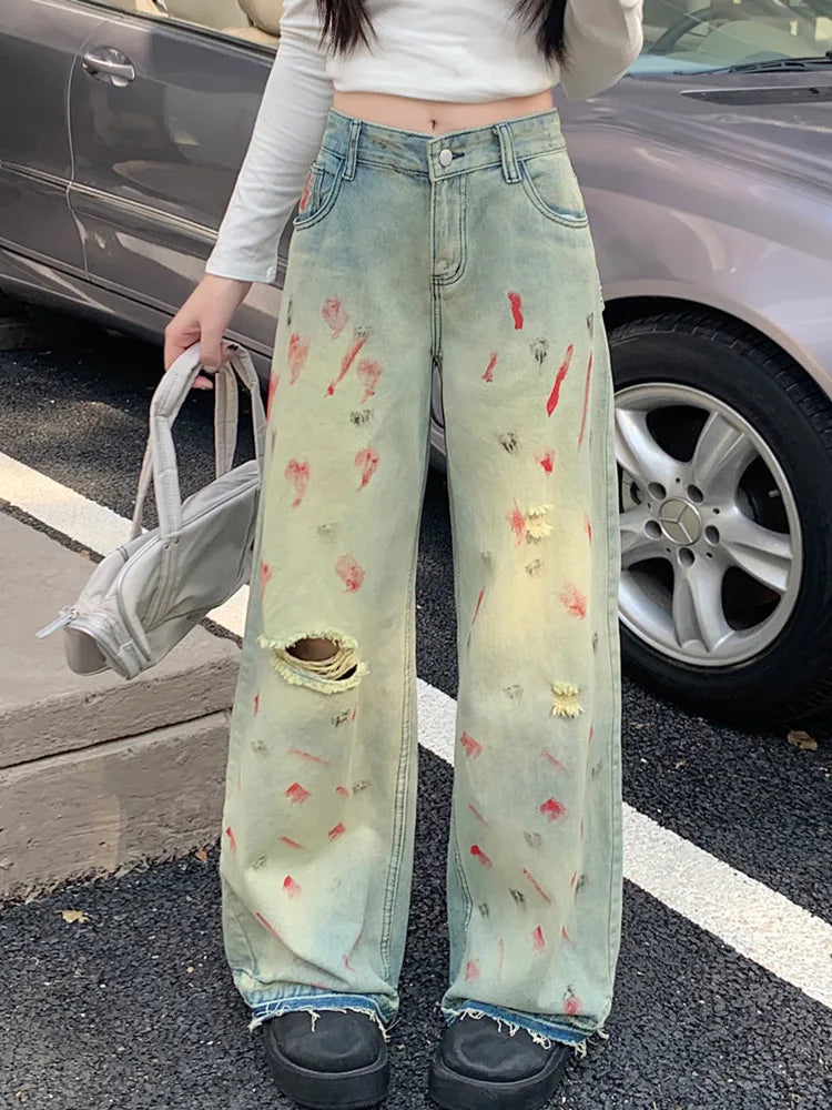 Product Image for WW | Cyber Y2K Mode Ink Spray Jahrgang Blau Riss Baggy Neue Jeans Hosen für Frauen Kleidung Breite Beine Alte Gerade Damen Hosen, Vintage Blau / S / 