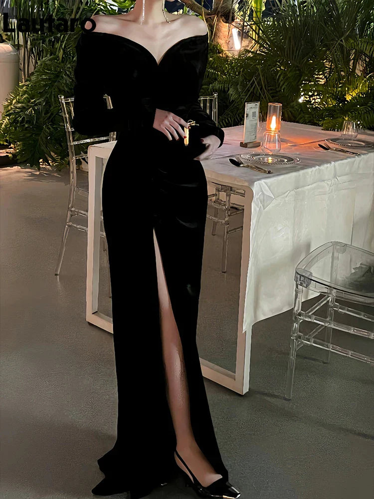 Product Image for WW | Lautaro Frühling Lang Sexy Schwarz Stretch Fitted Geburtstagsfeier Abendkleider für Frauen Luxus Elegante Off The Shoulder Kleidung, Schwarz / 