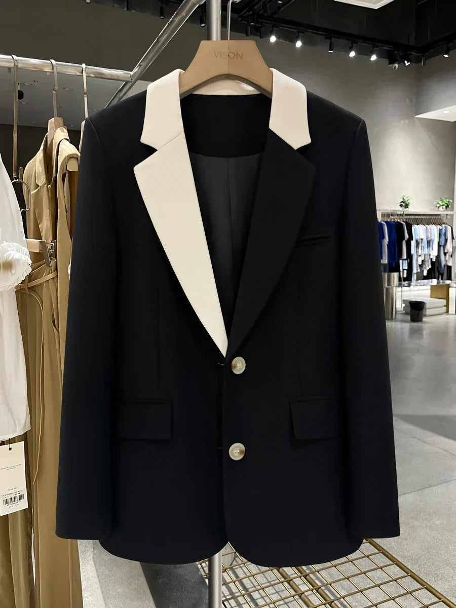 Product Image for WW | Patchwork Design Nische Blaue Jacke für Frauen Farbblock Einknopf Büro Damen Mode Mantel Kleidung Neu 2Da5205, Schwarz / XL
