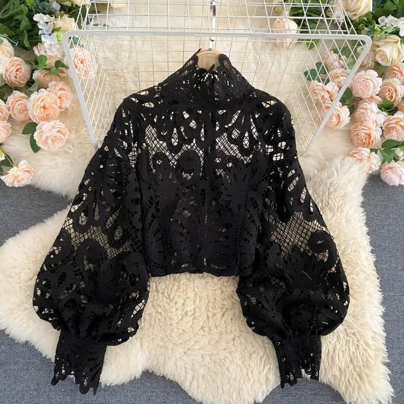 Product Image for WW | Sexy Spitzen Hohle Ohne Kurze Bluse Lässig Laterne Langärmlige Standkragen Hemden Frauen Elegant Rot/ Rosa/ Weiß Lose Tops, schwarz / Eine Größe
