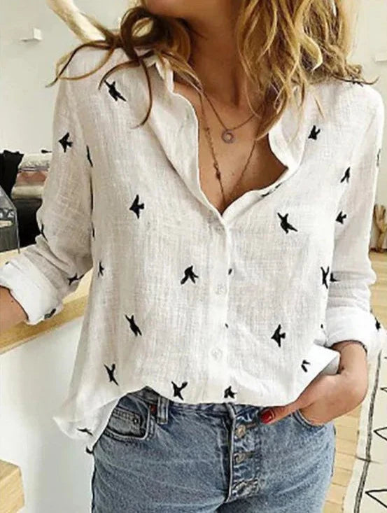 Product Image for WW | Elegantes, Lässiges Damen Langarmshirt Aus Baumwolle Und Leinen, Weiße Punkte / 2XL