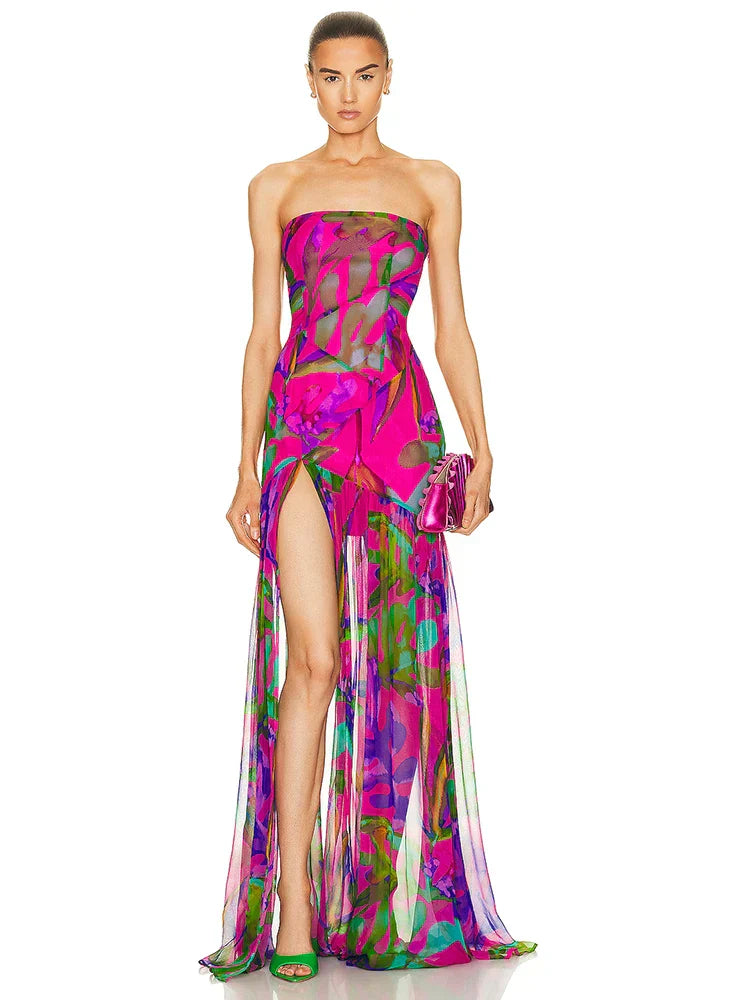 Product Image for WW | Neues Sommerdruck Strapless Mesh Patchwork Schlitz Lang Kleid Frauen Sexy Ärmellos Gedruckt Bunt Ferien Maxi Kleid Party, wie auf dem Foto / M