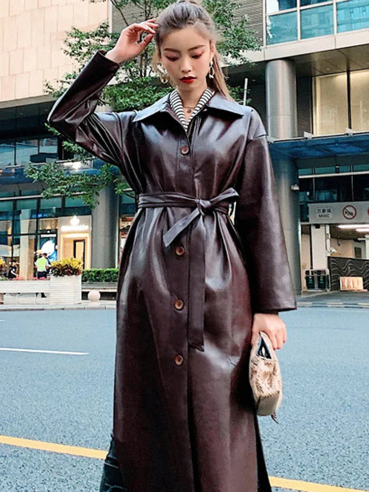 Product Image for WW | Lautaro Herbst Lang Schwarz Cool Pu Leder Trench Coat für Frauen Gürtel Einfach Knopf Lose Koreanische Mode Großhandelskleidung, Braun / XL