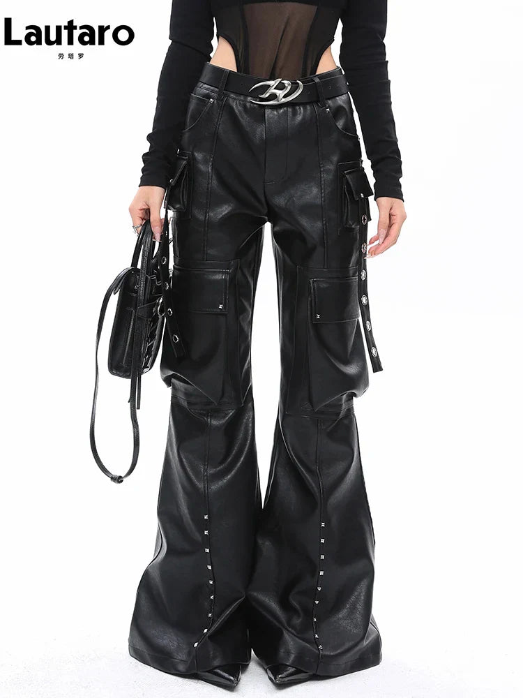 Product Image for WW | Lautaro Frühling Herbst Weich Schwarz Baggy Pu Leder Weite Bein Cargo Hosen für Frauen Hohe Taille Luxus Designer Emo Amerikanische Kleidung, 