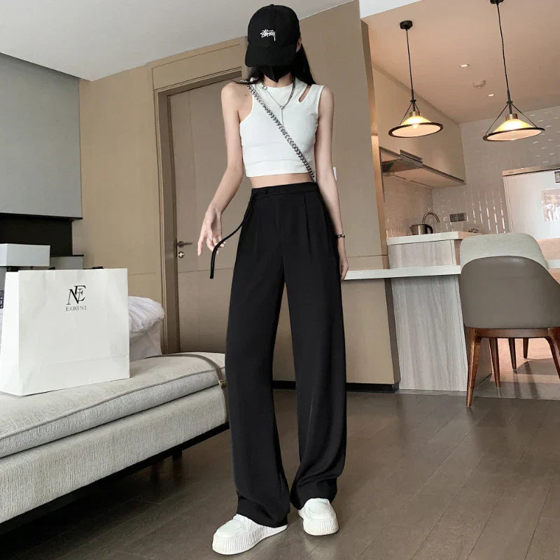 Product Image for WW | Seoulish Hohe Taille Weiße Anzug Breite Beine Damen Hose Frühjahr Sommer Weiblich Elegant Minimalismus Gerade Locker Hose, Schwarz (normal) / S