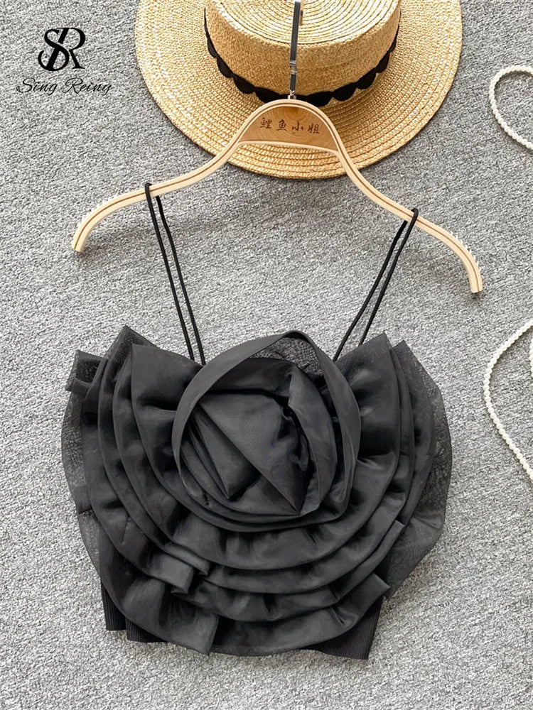 Product Image for WW | Damen 3D Blumen Urlaub Stil Sexy Camis Sommer Design Kurzoberteile Damen Unifarben Slim Kurz Streetwear Strand Camisole, schwarz / Eine Größe