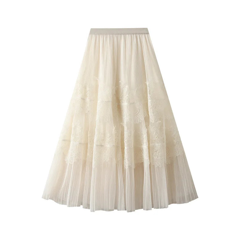Product Image for WW | Neue Produkte Süße Kuchenverbundrock Spitze Plissee Mesh Großer Saum A-Linie Röcke für Frauen Neu Frühling Herbst, Aprikose / Eine Größe