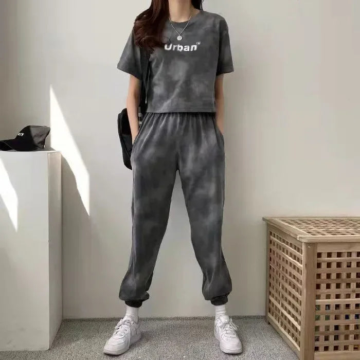 Product Image for WW | Frauen Bekleidungsset Kurzarm T-Shirt und Hose 2 Stk Sommer Camouflage Batik Lockere T-Shirts Tops Sportlich Lässiges Set Neu, grau / L