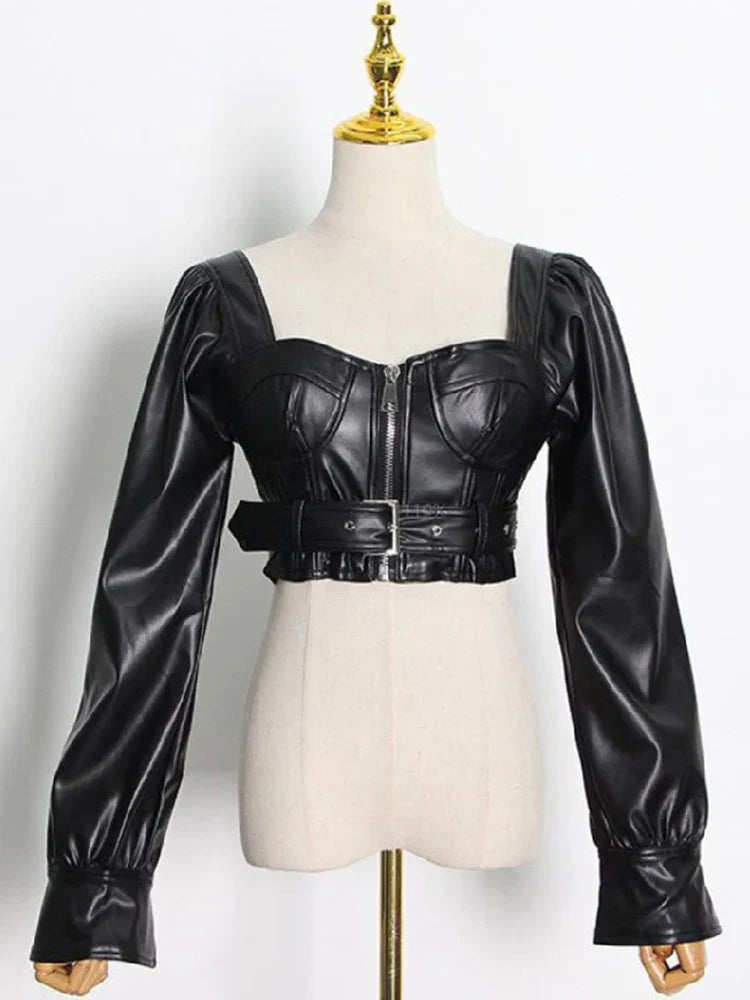 Product Image for WW | Lautaro Y2K Schwarz Fauxleder Crop Top Frauen Quadrat-Ausschnitt Lange Ärmel Reißverschluss Beschnittene Jacke Sexy Rückenfrei Mode 5Xl 6Xl, 