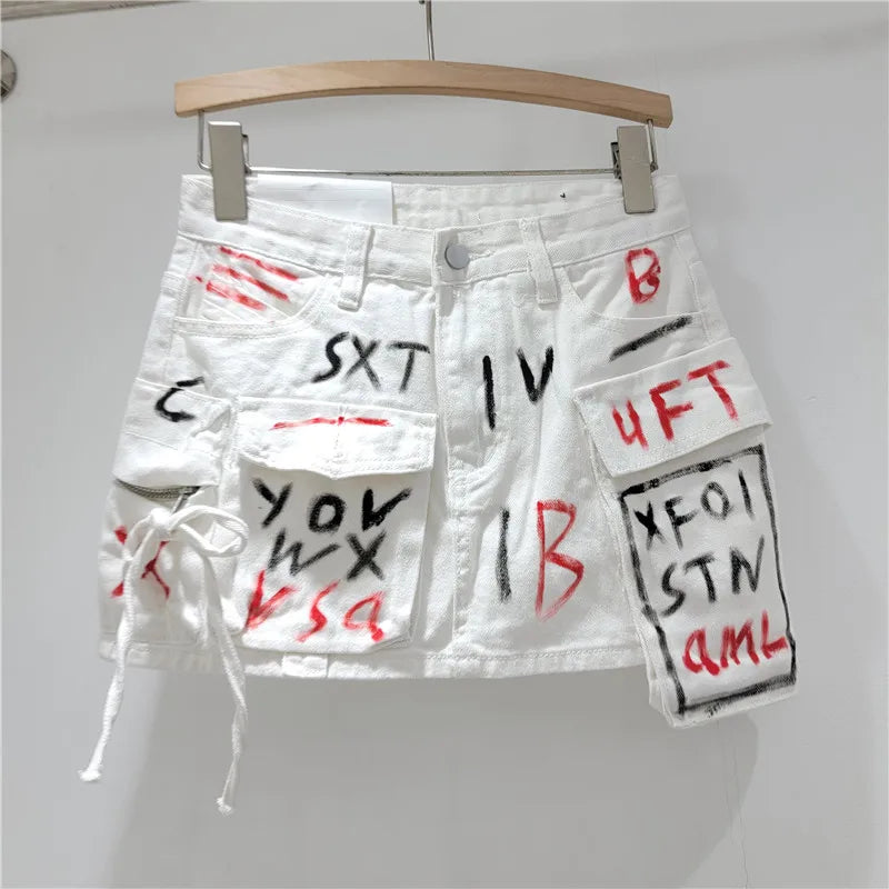Product Image for WW | Trendy Vintage Damen Druck Buchstabe Tasche Mini Denim Röcke Frühjahrsmode Neuheiten Hohe Taille Rock Damen, Weiß / XL