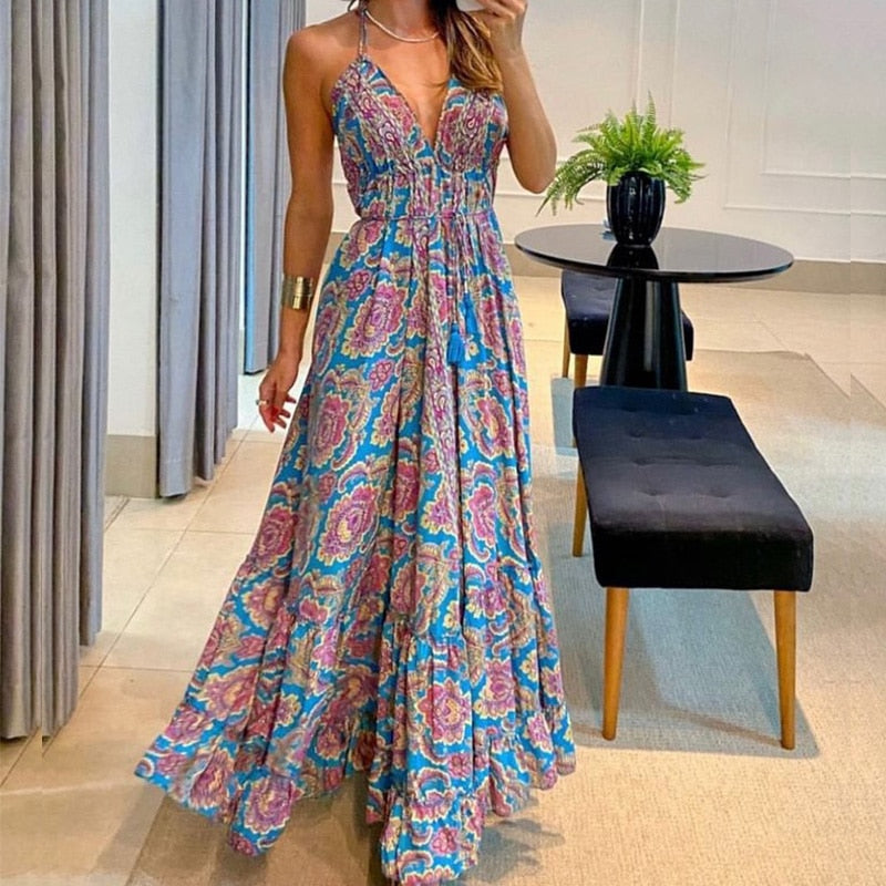 Product Image for WW | Boho Rückenfreies Maxi Kleid, 06 Blau Pink Druck / XL