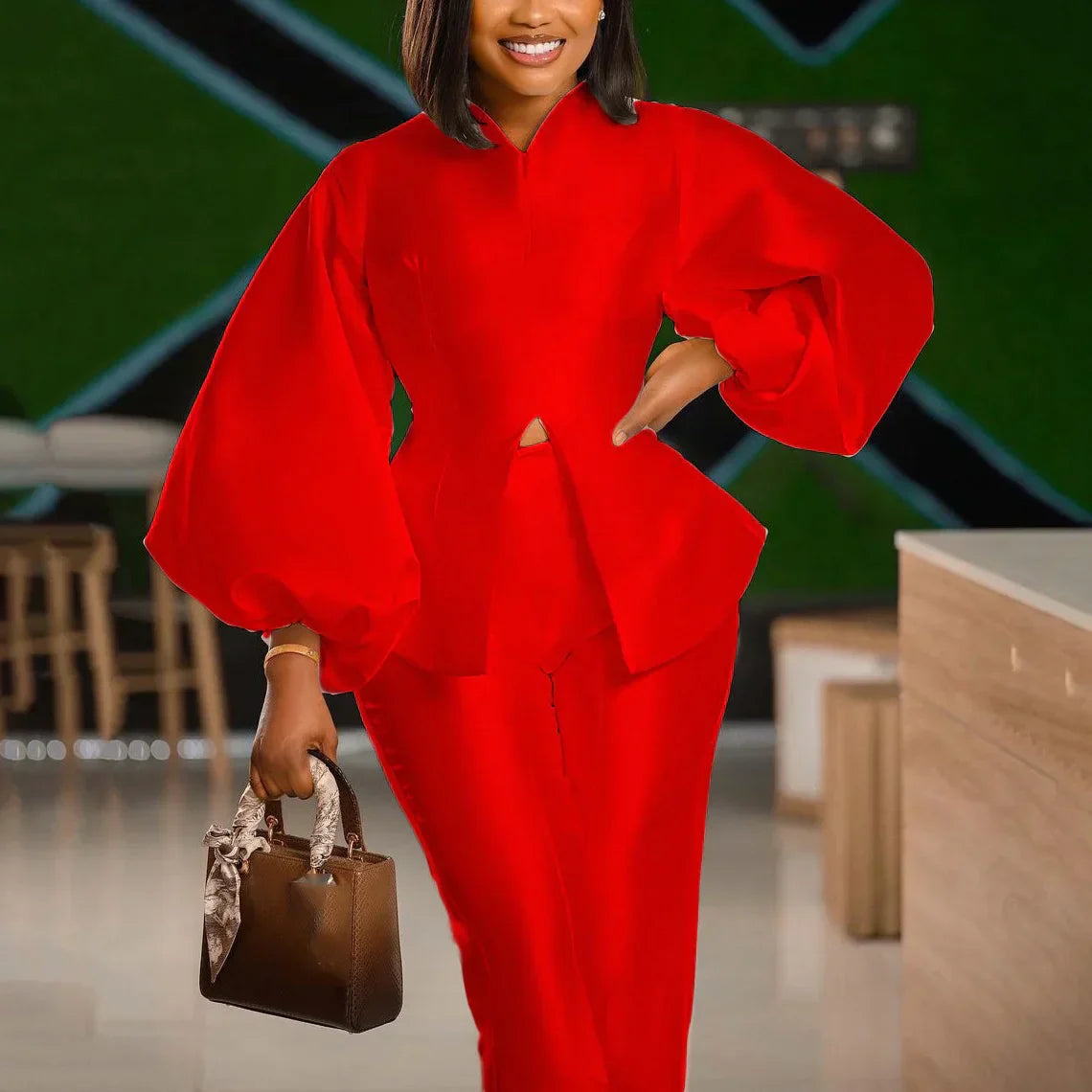 Product Image for WW | 2 Teile Hosen Set Frauen Outfits Satin Einfarbig Bluse Lange Ärmel Pullover & Lange Hosen Elegante Büro Arbeitskleidung Hosen Set, Rote Sätze / 