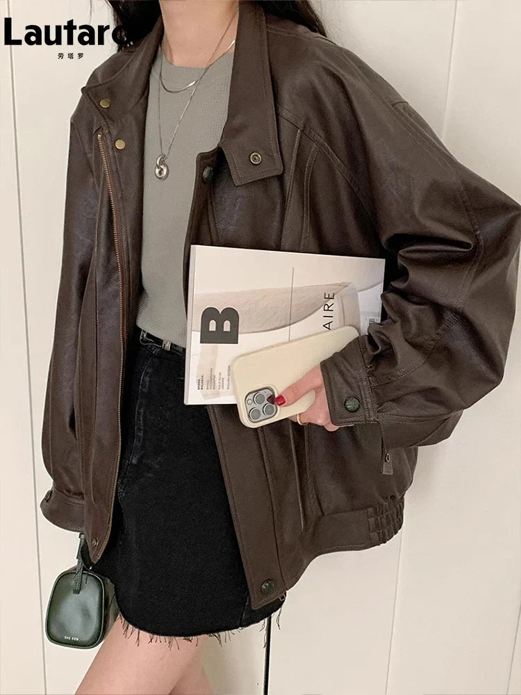 Product Image for WW | Lautaro Herbst Coole Braune Übergröße Lederjacke Damen Drop Schulter Lange Ärmel Reißverschluss Hohe Qualität Amerikanisch Retro Kleidung, braun 