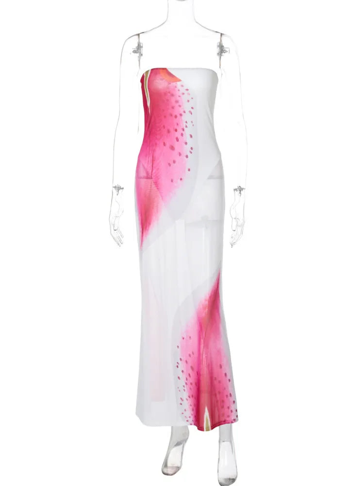Product Image for WW | Mesh Floral Print Sexy Maxi Kleid für Frauen Gown Off Shoulder Strapless Ärmless Rückenfrei Bodycon Club Lang Kleid, Weiß / L