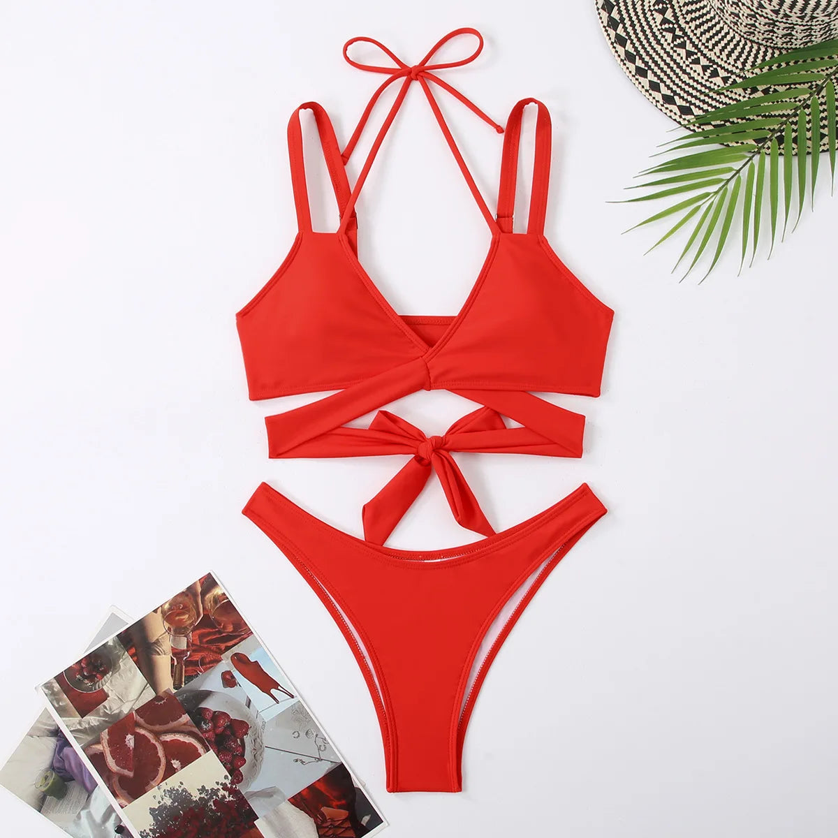 Product Image for WW | Frauen Strap Ties Bikini Set Weiblich Solid Sexy Badebekleidung 2 Stücke Sexy Badebekleidung Strand Outfit Damen Badeanzug Push Up, Rot / S