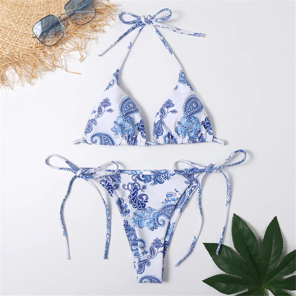 Product Image for WW | Halter Triangle Sexy Bikini Set Frauen Patentleder Glitzer Badeanzug Sommer Einfarbig G String Bademode Seitenschnürung Monokini, s9blue 