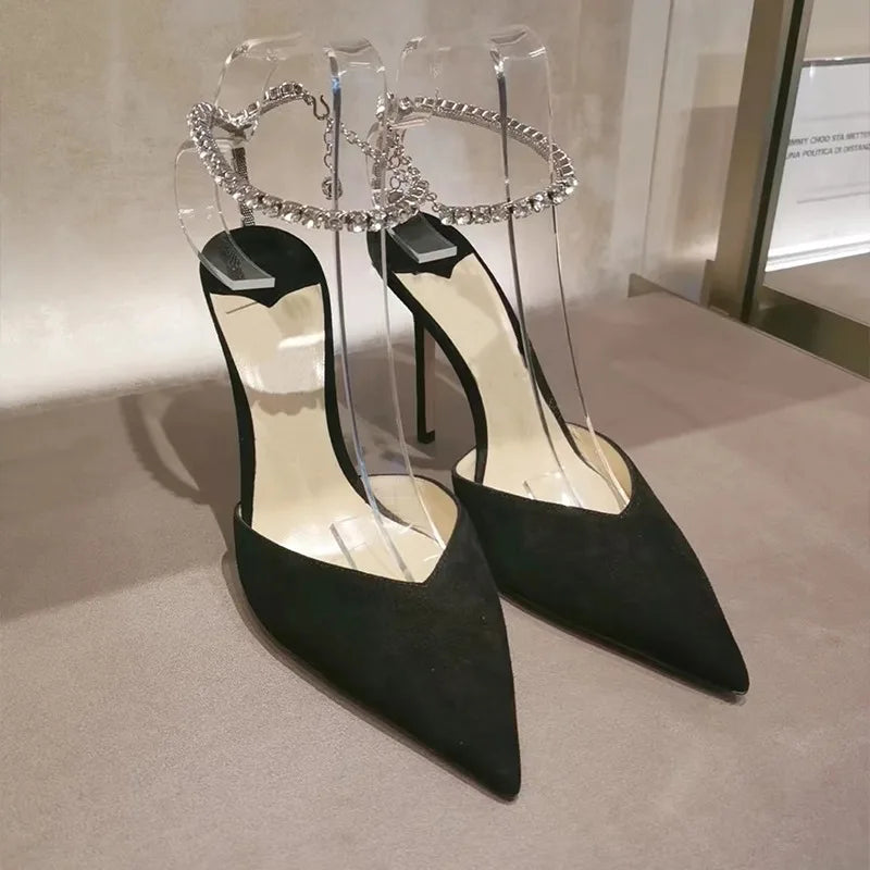 Product Image for WW | Satin Strass Kette High Heels Schuhe Pumps, Schwarz 6CM Wildleder / 6