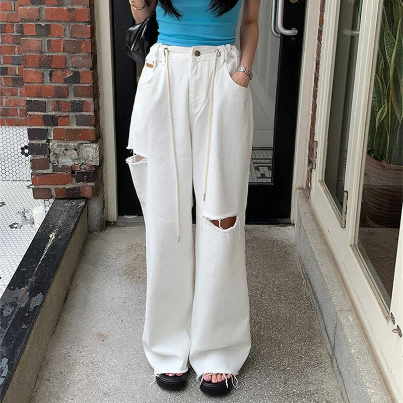 Product Image for WW | Y2K Mode Kleidung Weiße Baggy Riss Breite Bein Jeans Hosen für Frauen Kleidung Gerade Neu Rock Baumwolle Damen Schick Lange Hosen, Weiß / M / 
