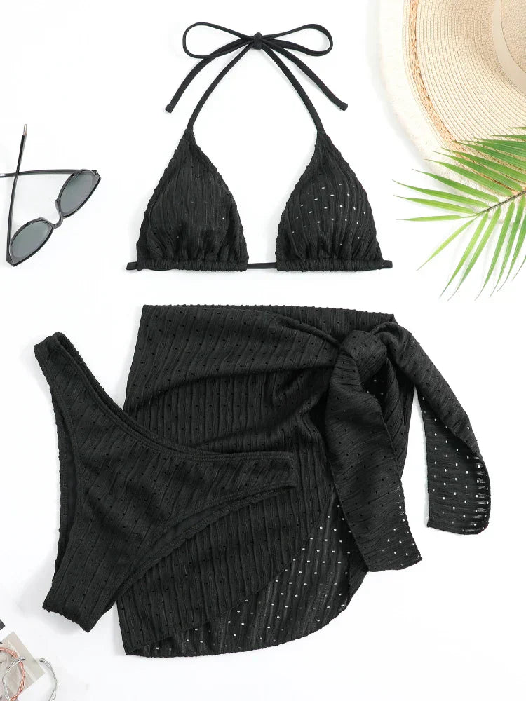 Product Image for WW | Neu 3 Teile Set Bademode Frauen Thong Bademode Sexy Mikro Bikini Set mit Sarong Rock Weiß Strandmode Badehose Pink, schwarz / M