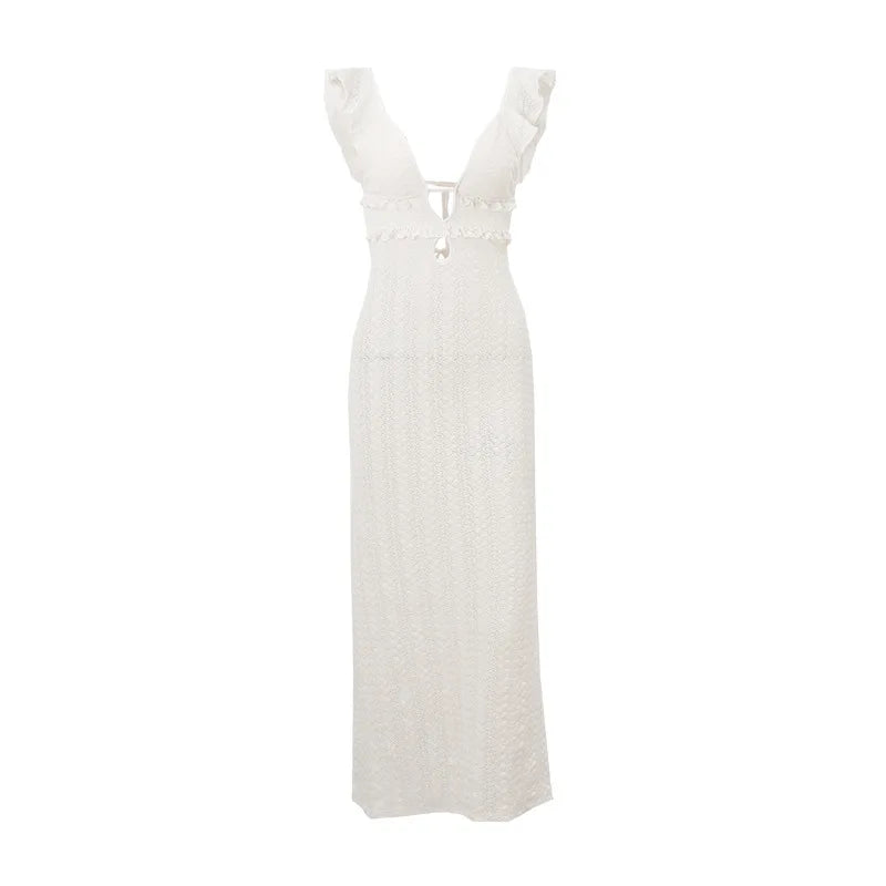 Product Image for WW | Tiefe V-Ausschnitt Sexy Kleider Frauen Ärmellos Schlank Hohe Taille Lange Kleid Femme Elegant Urlaub Strick Strandkleid Frau, Aprikose / M