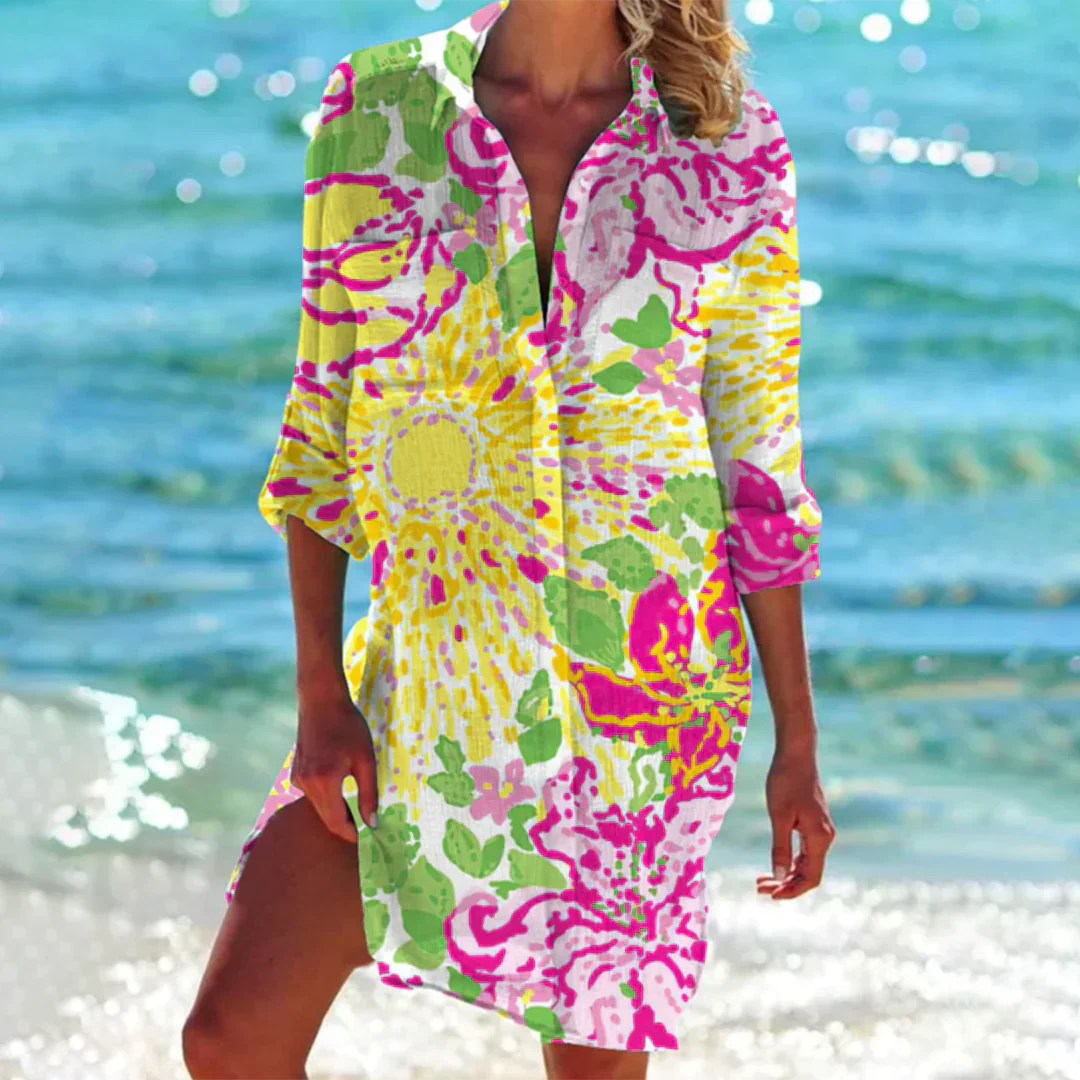 Product Image for WW | Vibrantes Batik Strandhemd Kleid, Gelbe Blumen / 3XL