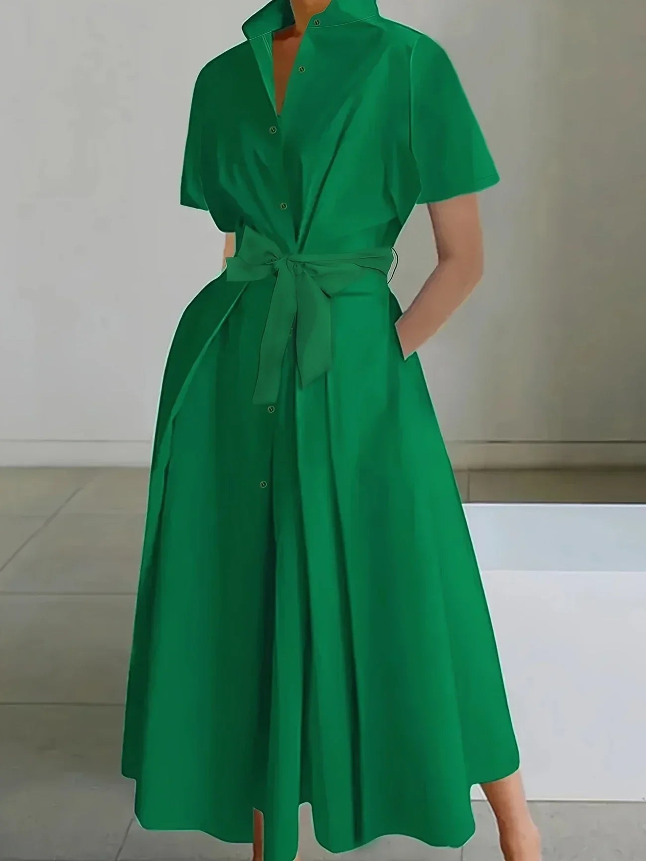 Product Image for WW | Grüne Kleid mit Knöpfen Elegantes Sommerkleid mit Kurzem Ärmel für Frauen, Grün / L