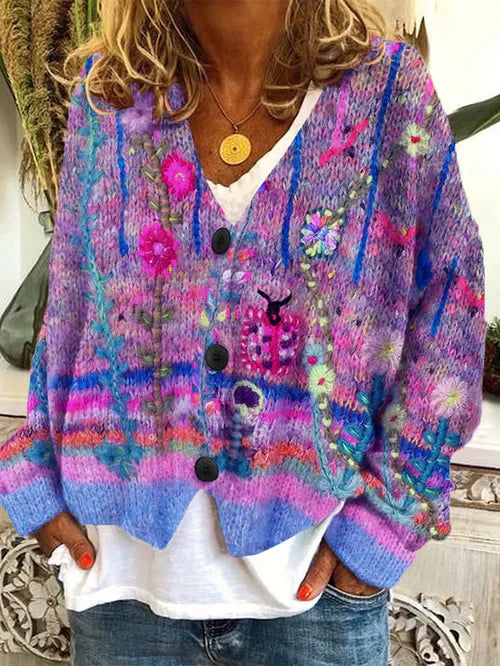 Product Image for Aurelia Bunter Retro-Cardigan Damen, Oversize Strickjacke im Boho-Style mit Blumenmuster, Farbenfroher Cardigan Vintage Look WOLFF Lila / XL