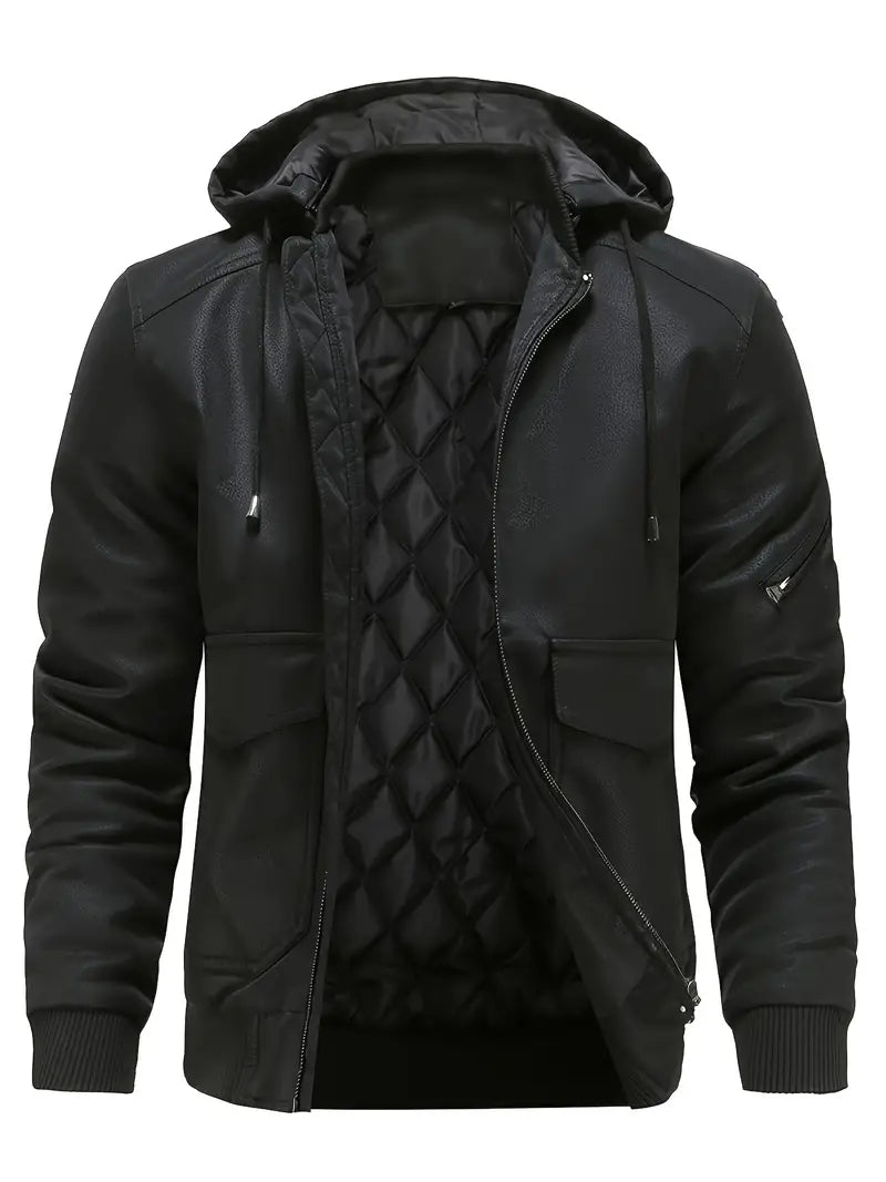 Product Image for WW | Lederjacke Mit Kapuze Stylische Braune Übergangsjacke, Gefüttert Und Wasserabweisend, Schwarz / XS