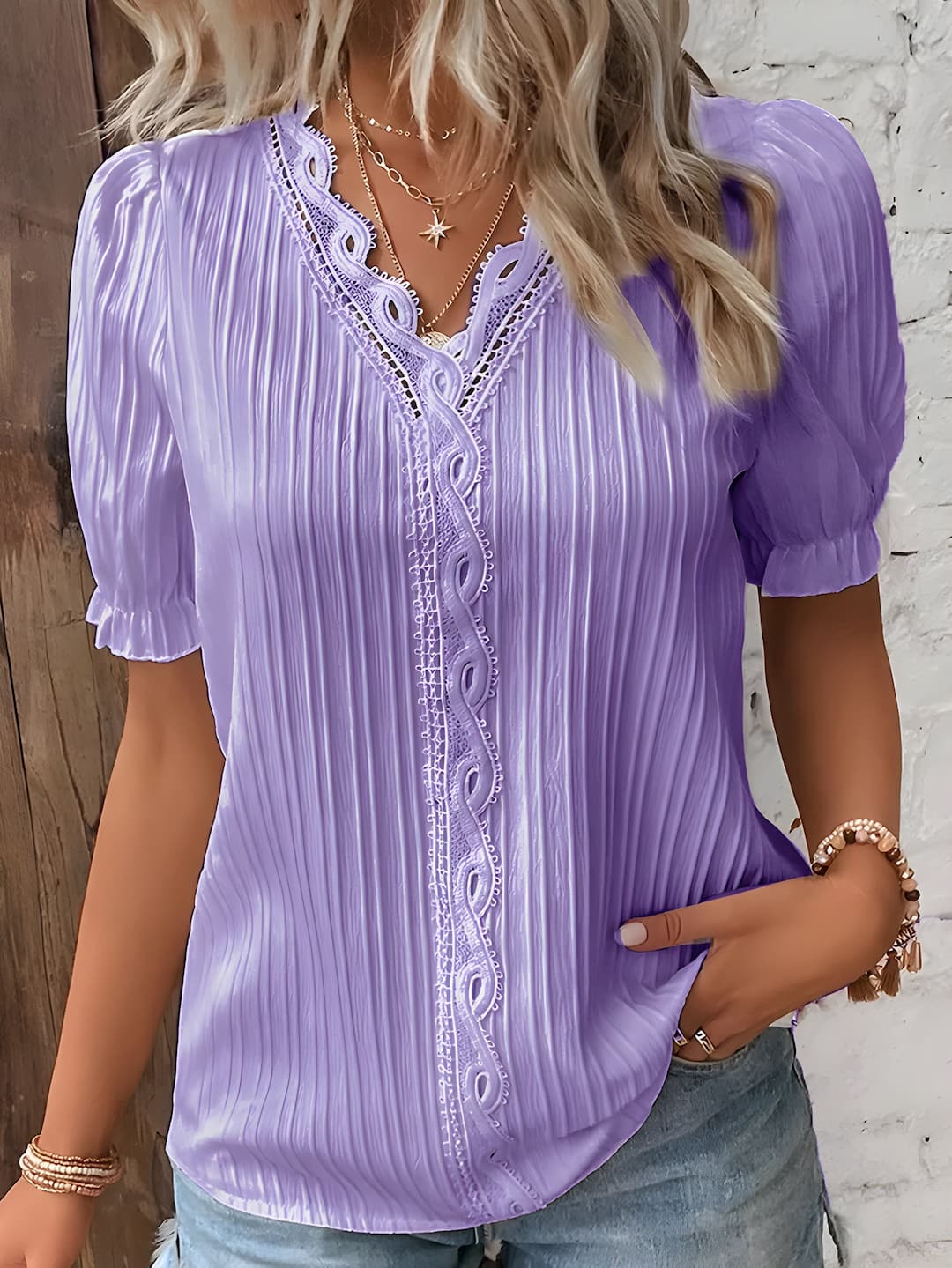 Product Image for WW | V-ausschnitt Bluse Spitzen Detail Faltenstruktur Kurze Puffärmel Lässige Passform Eleganter Stil, Lila / XL