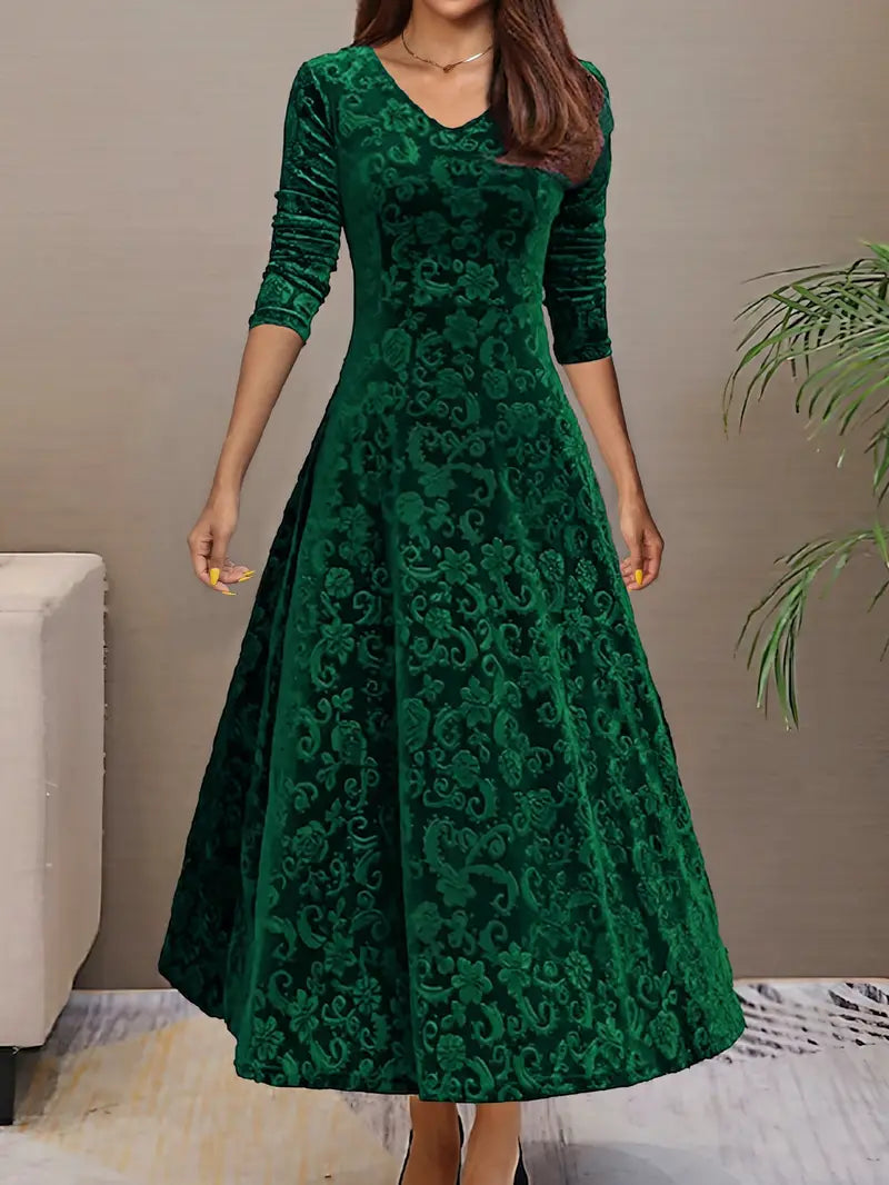 Product Image for WW | Ausgestelltes Kleid Abschlussballkleid V-ausschnitt Lange Ärmel Eleganter Texturiert Stoff, Grün / L