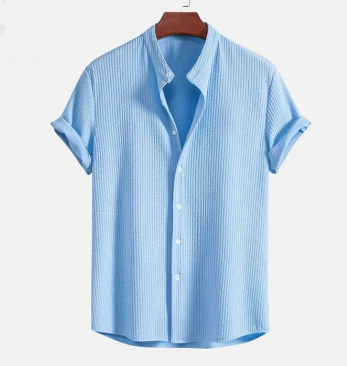 Product Image for WW | Kurzarm Button up Hemd Seersucker Textur Mandarin Kragen Lockerer Schnitt, Himmelblau / M