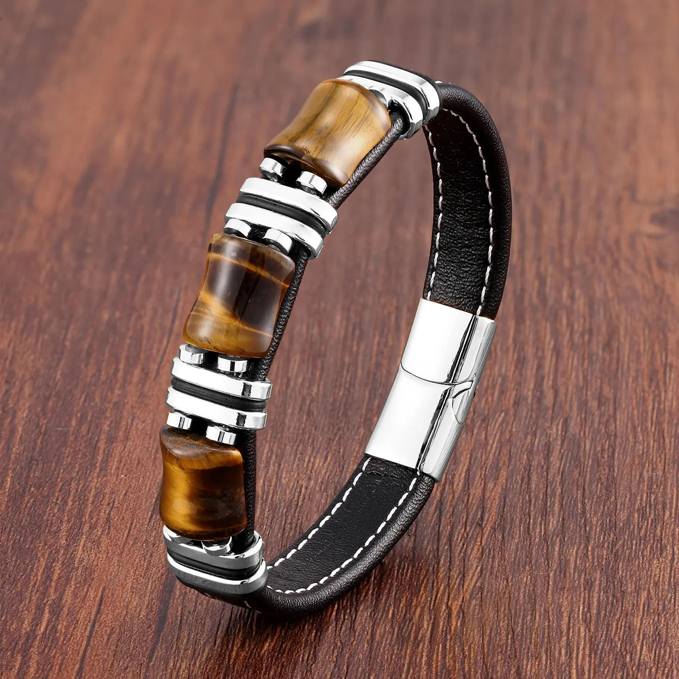 Product Image for WW | Tigerauge Naturstein Lederarmband, Silbernes Tigeraüge / 19CM