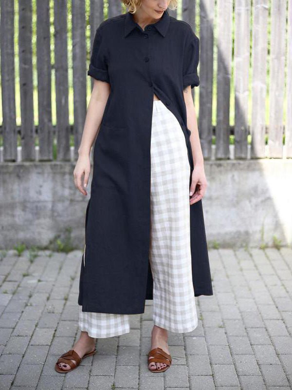 Product Image for WW | Frauen Kleider Lockere Revers Knopf Kurzarm Hemd Kleid, marineblau / 2XL