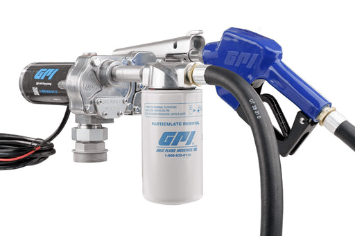 Gear driven 115 volt DC fuel pump with an aluminum die cast body and 12'  discharge hose with nozzle