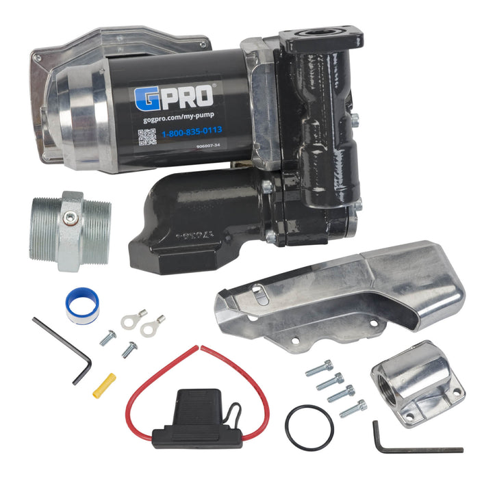 Content shot of GPRO V25 12-Volt Fuel transfer pump, tank adapter, nozzle holder, modular fitting with hardware, and fuse assembly