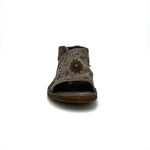 Load image into Gallery viewer, front view of the as98 ronald flat. This shoe is grey with an embossed, brown, floral pattern. the shoe has an open toe with the rest of the foot being covered by leather.
