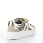 Load image into Gallery viewer, Outer back side of the bos &amp; co monic sneaker. This sneaker is beige with crinkled metallic sides, white and silver side stripes, a lace up front, and a platform sole.
