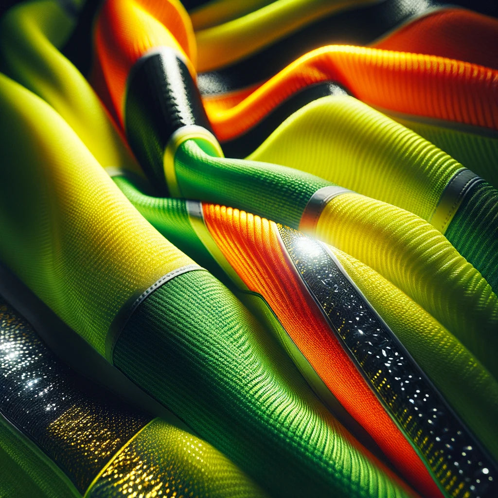 A close-up of the vibrant fluorescent fabrics and reflective materials used in high-visibility clothing.