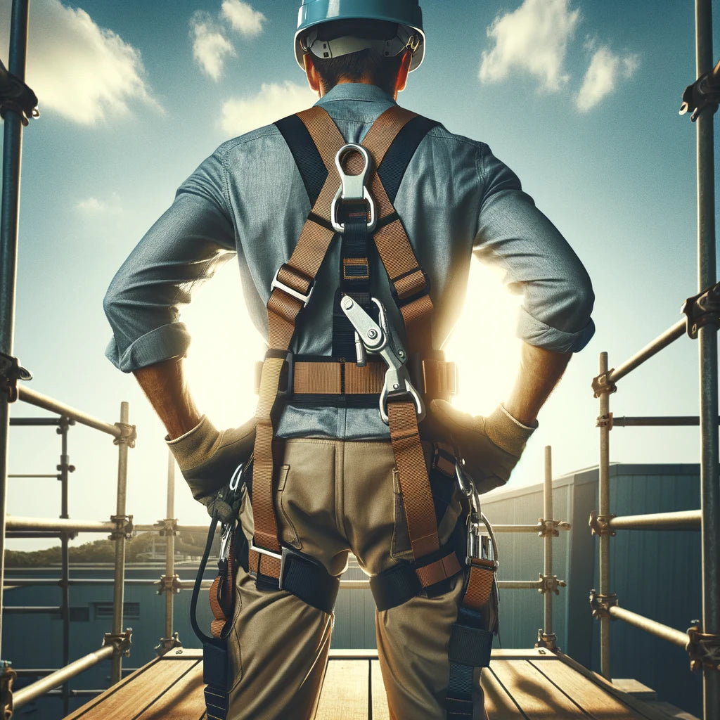 the proper use of safety equipment in a real-life work environment, focusing on a worker on scaffolding with a clear blue sky in the backgroun