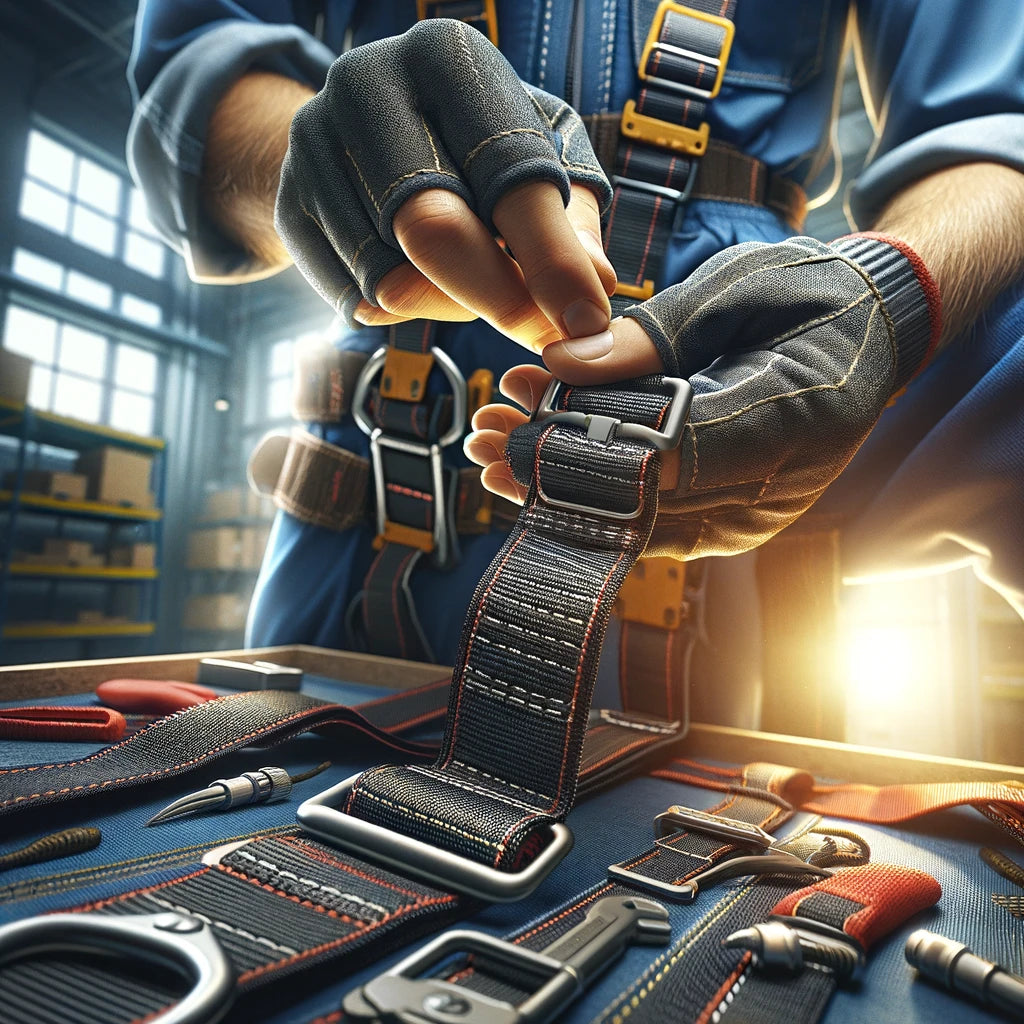 A worker meticulously inspecting a safety harness before use, focusing on stitching, buckles, and wear points.
