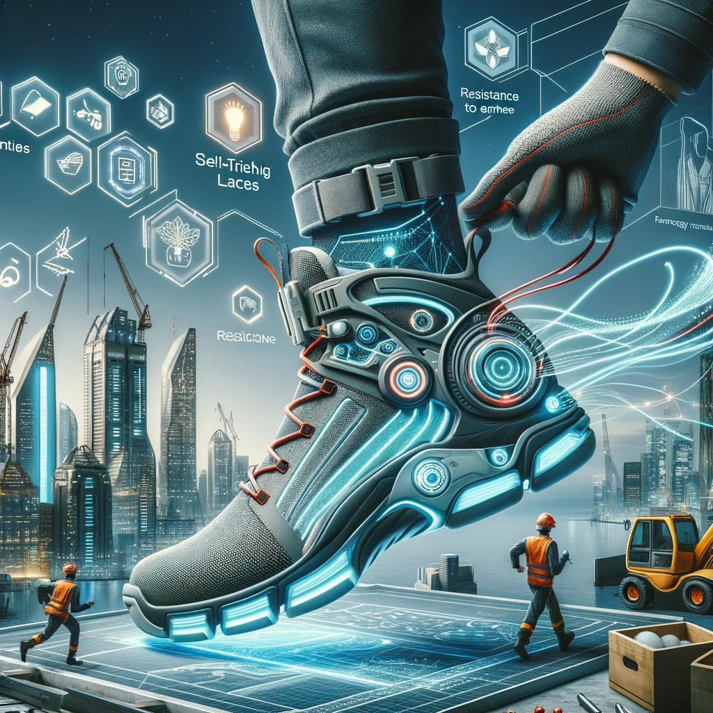 Futuristic Work Safety Boot with construction workers around it