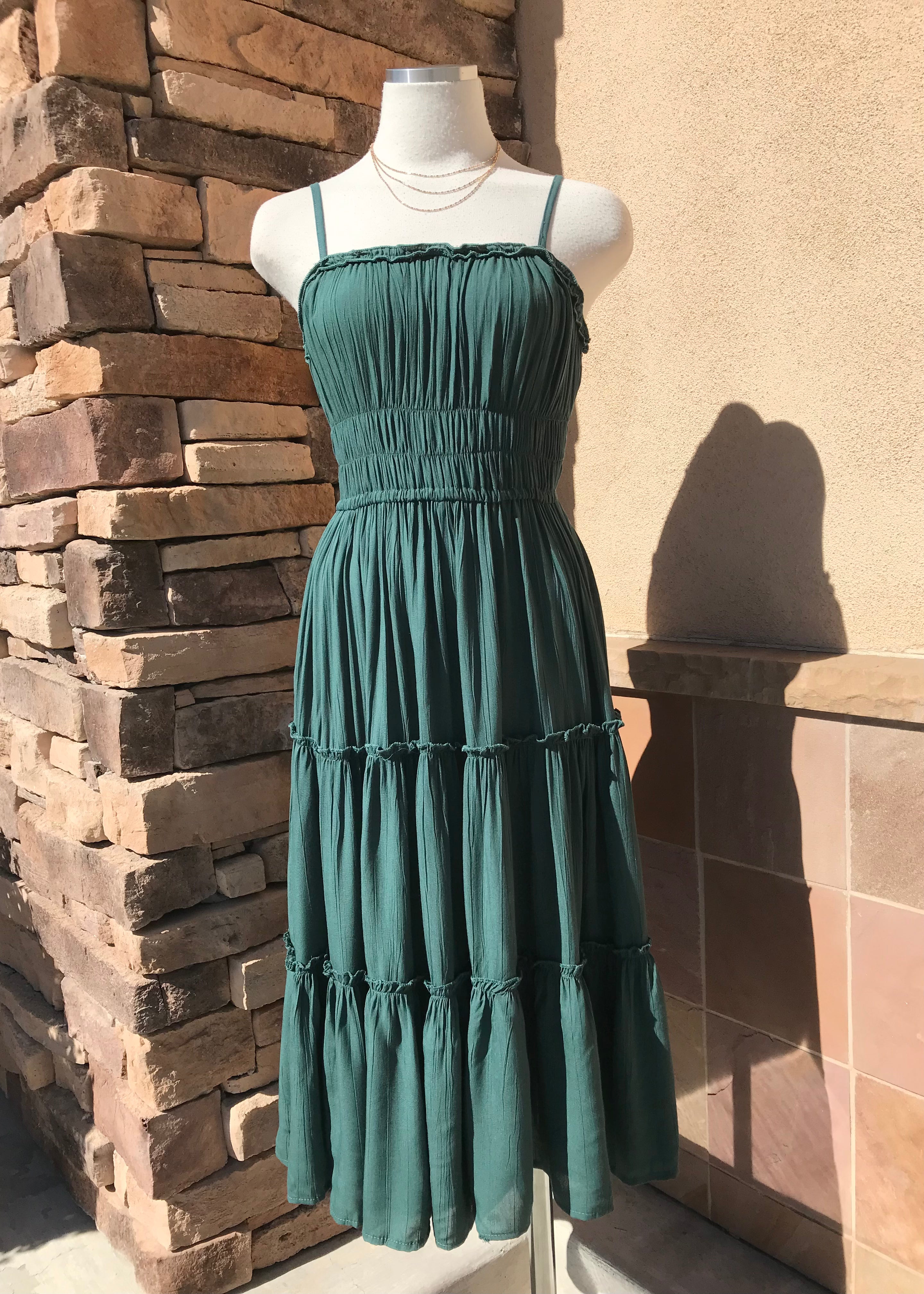 TIERED RUFFLE TRIM MIDI DRESS
