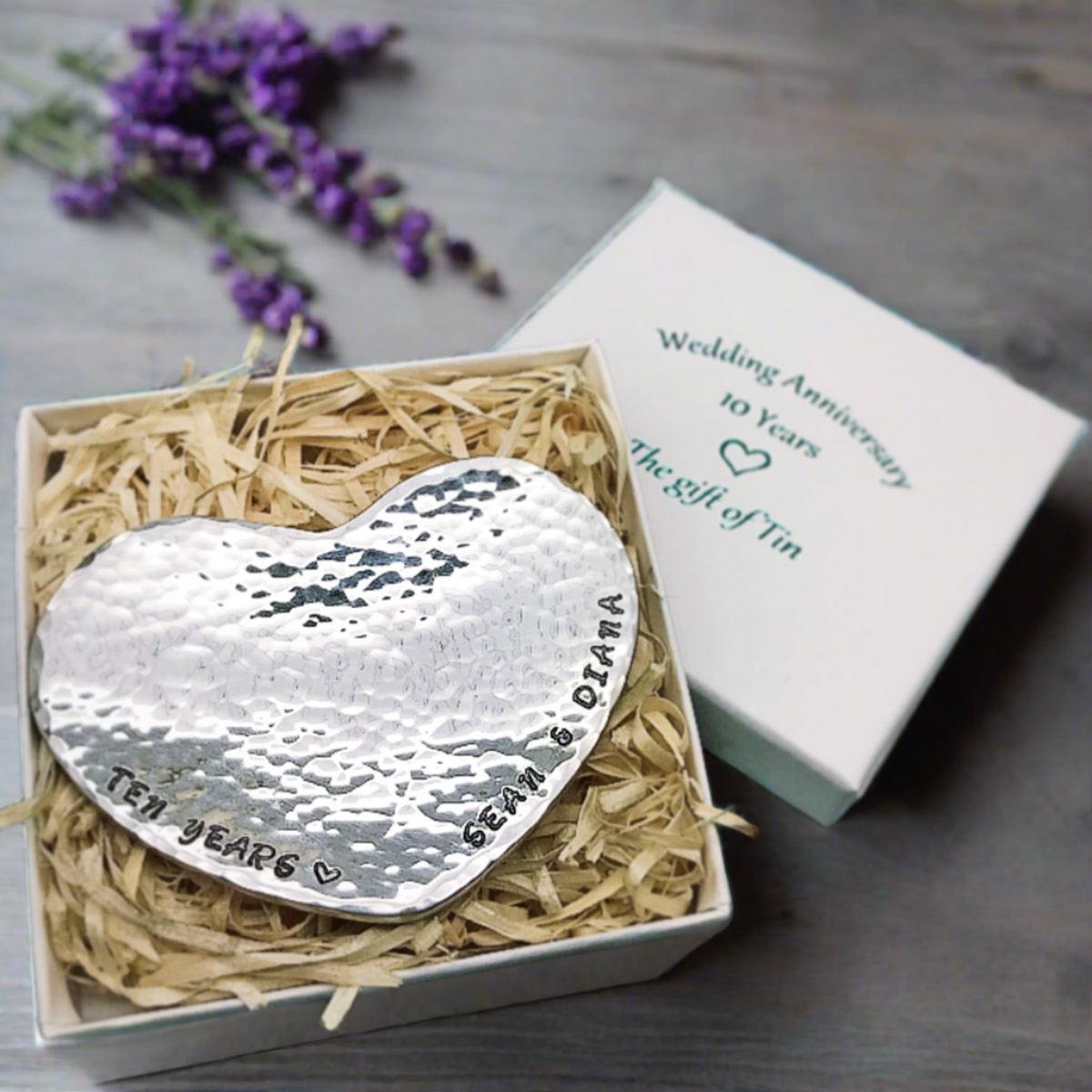 10 year anniversary gift. ten 10th tenth anniversary gift. personalised heart dish