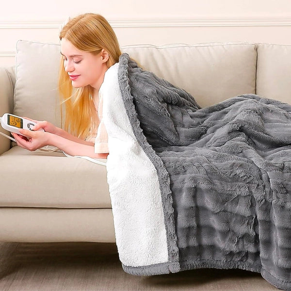 Faux Fur & Sherpa Electric Heated Throw Blanket with 1-10hrs Timer Auto-Off & 10 Heating Levels