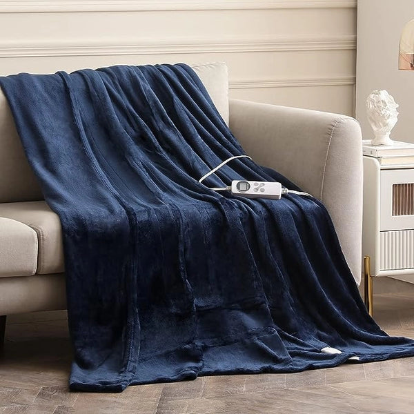 Navy Twin Size Electric Blanket with 1-12 hrs Timer Auto-Off & 10 Heating Levels