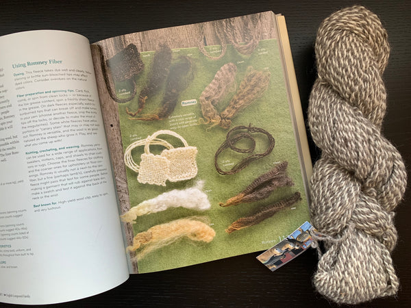 The Fleece and Fiber Sourcebook is open to a page about Romney, showing a photo of raw and clean fleeces in various colors, and knit swatches. A skein of gray and white marled Romney yarn from Great Bay Wool Works lies nearby.
