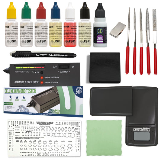 Quality Jewelry Testing Kit 10k 14k 18k 22k Gold, Platinum, Silver .999  Acids, Wood Storage Box, Test Stone, 30x Loupe, Scale, Counterfiet Detector  Pen, File, 5gn Silver Bar, 5g Fake Gold Bar 