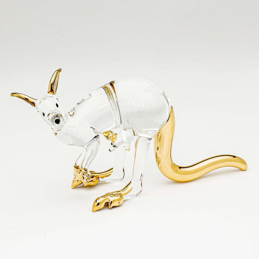 – + Glass Kangaroo with 3 Gold kissing Joey Arts Lying Webb Baby -